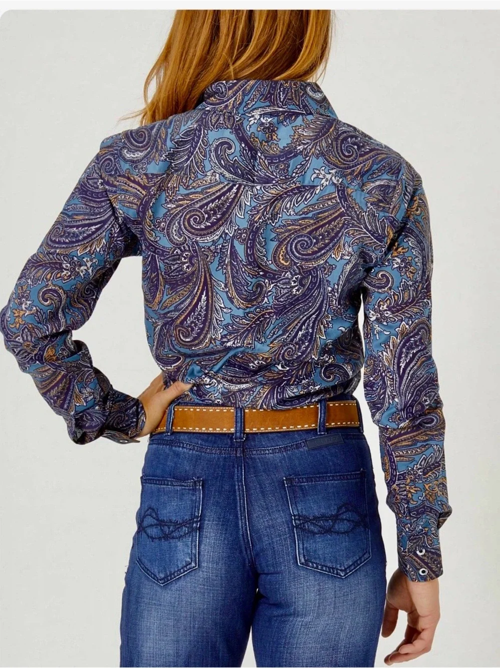 RH Royal Highness Equestrian Blue Paisley Button Up L/S  Show Riding Shirt Sz M
